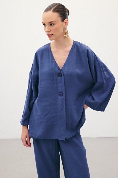 Sateen Düğmeli Kimono - İndigo