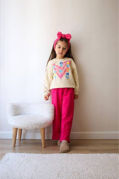 jeliboomkidswear Flower Printed Heart Patterned 3-Strand Unsharp Bottom Top 2-Piece Girl's Set