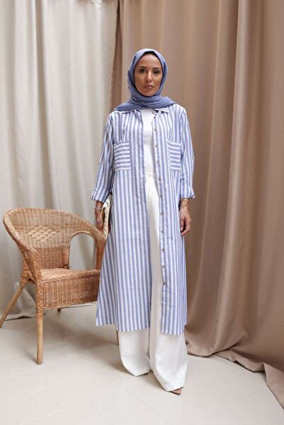 ESRA KEKÜLLÜOĞLU Kadın Mavi Çizgili Gömlek Tunik