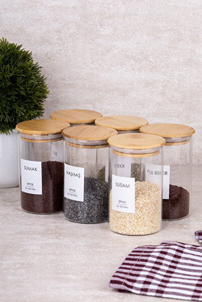 DNS HOME 6-Piece Bamboo Vacuum Lid Borosilicate Spice Set Glass Spice Rack Set with Label Gift 250 ml