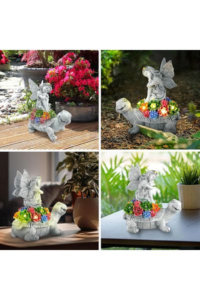 EMATTERIO Ornament Gradina cu Inger si Zana, Decoratiune Solara din Rasina, pentru Terasa sau Balcon