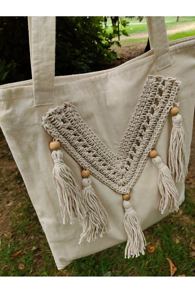 zümal tekstil tasarım Linen Fabric Macrame Knitted Shoulder & Beach Bag (Color Cream)
