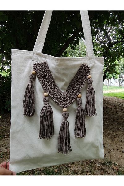 zümal tekstil tasarım Linen Fabric Macrame Knitted Shoulder & Beach Bag (Color Brown)