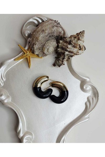 Ivory Pearl Black Gold Color Hoop Earrings