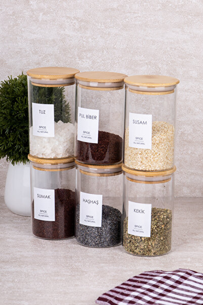 DNS HOME 6-Piece Bamboo Vacuum Lid Borosilicate Spice Set Glass Spice Rack Set with Label Gift 250 ml