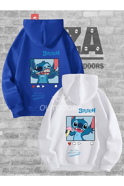 Jobia Outdoors Unisex Back Print Lilo Stitch Post Lover Couple Combination Design Hooded Sweatshirt Set of 2