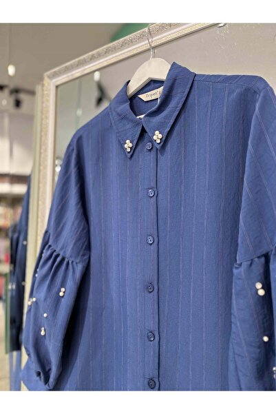 MERAM BUTİK Tri̇pen Tunic with Bead Detail 3107 - Navy Blue - 4