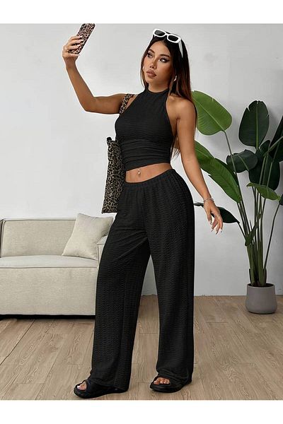 LEONE KOLEKSİYON Stylish Halter Neckline Top and Wide Leg Pants Set - Sleeveless Crop Blousehigh Waist Wide Leg Pants, Bubble Fabric
