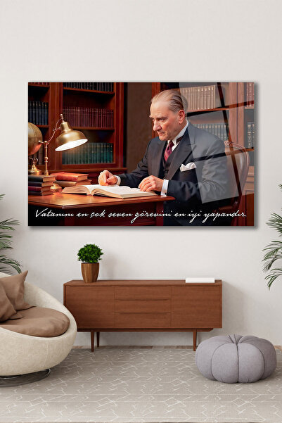 home dekors Atatürk Portresi Vatanını En Çok Seven Görevini Cam Tablo İş Ofis Makam Odası Hediyelik Tablo