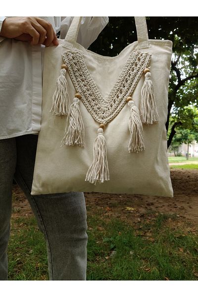 zümal tekstil tasarım Linen Fabric Macrame Knitted Shoulder & Beach Bag (Color Cream)