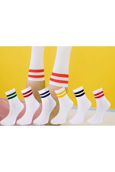 Silk Step Pack of 6 Women, Colorful Hoop Casual College - Tennis Socks (White Ground 6 Different Hoop Colors)