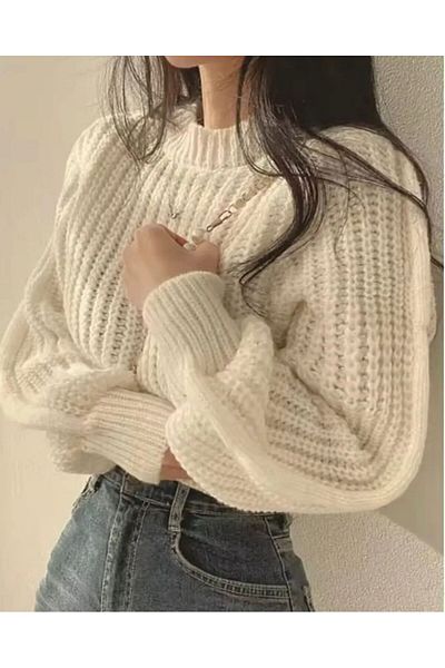 FLEX FASHION Krop Loose Fit Balloon Sleeve Crew Neck Ecru Sweater