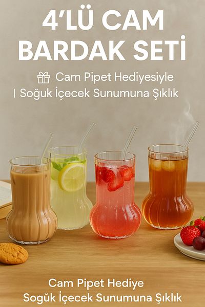 Open Home Concept 4 Premium Glass Cups with Glass Straws Gift – Cold Coffee, Lemonade and Soda Presentations 500 ml
