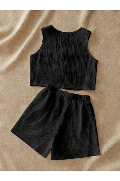 LEONE KOLEKSİYON Stylish Solid Color Sleeveless Top and Shorts Set - Perfect for Casual and Vacation Wear Wrinkle-Resistant Fabric