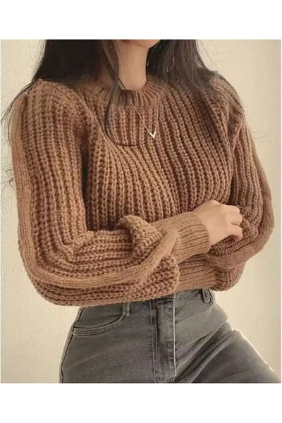 FLEX FASHION Krop Loose Fit Balloon Sleeve Crew Neck Mink Sweater