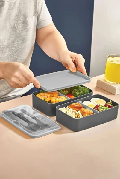 A&A Enjoy Gray 2-Tier Meal Storage Container Lunch Box Set Sportsman Diet Student School Lunch Box
