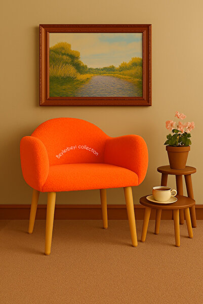 BEYLERBEYİ Makyaj masası pufu, neon turuncu renkli peluş kumaş,dekoratif puf , sırtlı puf, mini koltuk, berjer