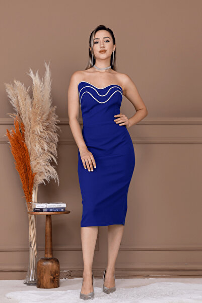 BEYBOS Rochie creion fără bretele din țesătură Atlas - SAKS BLUE