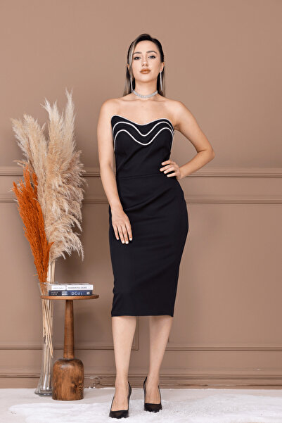 BEYBOS Rochie creion fără bretele din țesătură Atlas - NEGRĂ