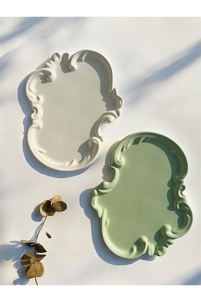 Minic Store Double Handmade Vintage Decorative Stone Tray – Jewelry Plate - Green & White