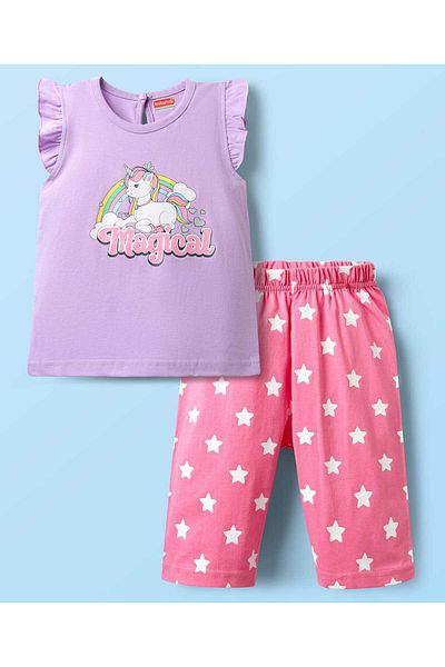 Babyhug Cotton Knit Frill Sleeves T-Shirt and Capri Set With Unicorn Print - Lavender & Dark Pink