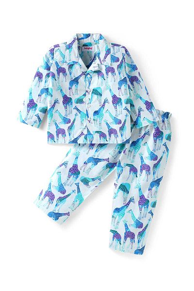 Babyhug Cotton Pajama Set with Giraffe Print - Light Blue