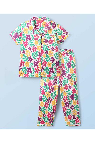 Honeyhap Premium Cotton Pajama Set with Floral Print - Bright White Holly Green & Fandango Pink