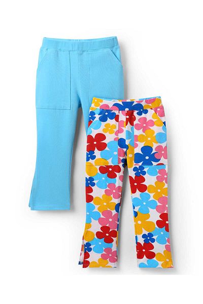 Honeyhap Premium Cotton Knit Full Length Floral Leggings Pack Of 2-Bright White Blue High Risk Red