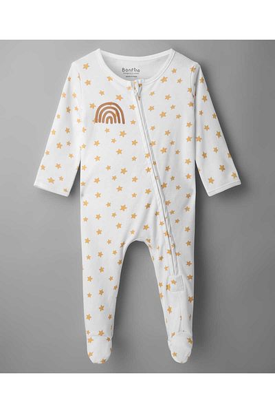 Bonfino Rainbow and Star Printed Sleepsuits (Pack Of 2) - Off White