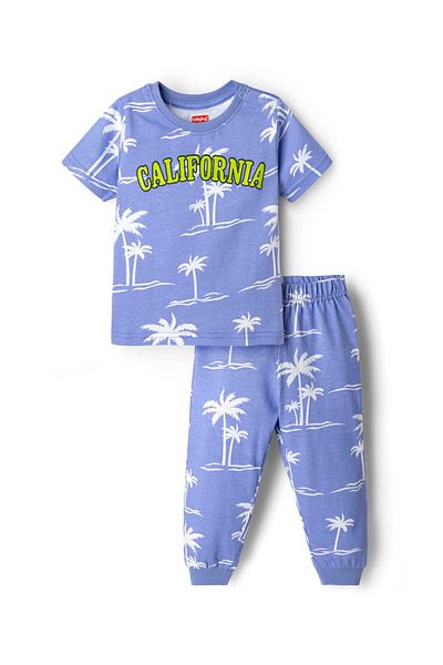 Babyhug Cotton Knit Half Sleeves Night Suit With Tropical Theme Print - Lavender