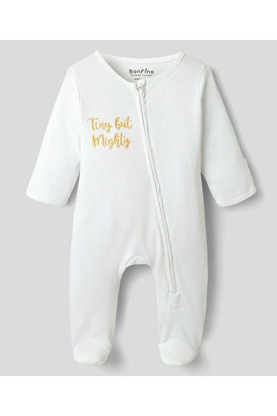 Bonfino Stars Printed and Text Embroidered Sleepsuits (Pack Of 3) - Off White