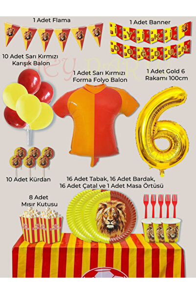PartyPoo Sarı Kırmızı Taraftar Doğum Günü Parti Seti 16 Kişilik | 6 Rakamlı F...