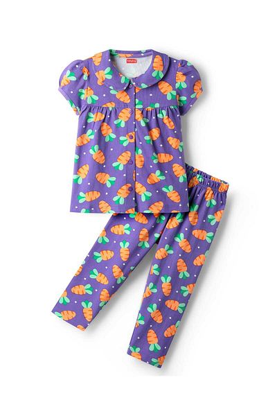 Babyhug Cotton Knit Half Sleeves Front Open Top and Pajama Set with Carrot Print - Violet
