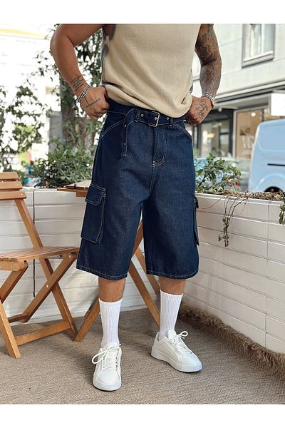 manch collection Cargo Pocket Baggy Fit Denim Shorts Navy Blue