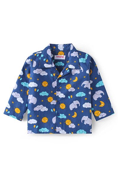 Babyhug Cotton Pajama Set with Elephant Prints - Navy Blue