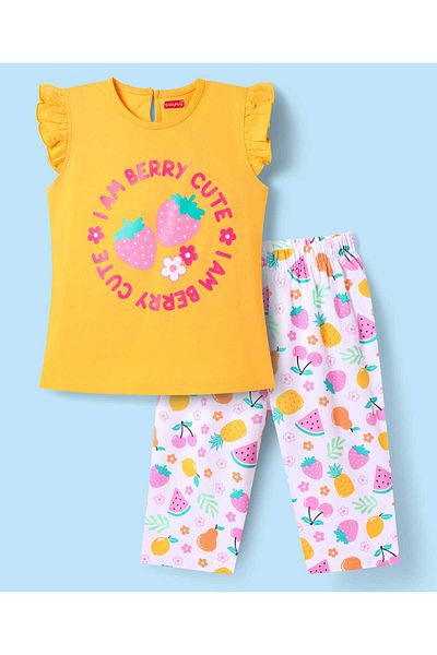Babyhug Pyjama Set with Strawberry Print - White & Yellow