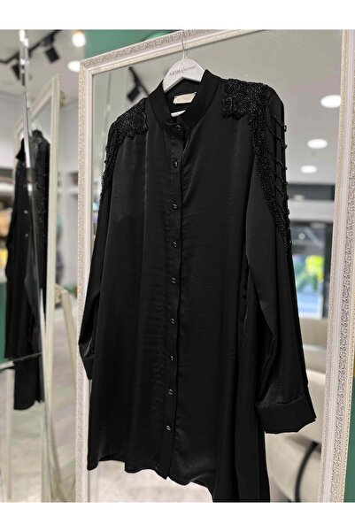 MERAM BUTİK Selinada Satin Tunic with Bead Detail 3158 - Black - 42