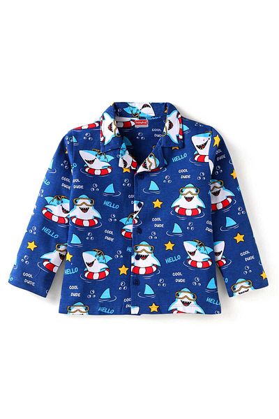 Babyhug Night Suit With Shark Print - Navy Blue