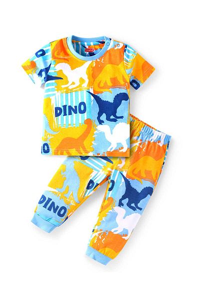 Babyhug Pyjama Set with Dino Print - Light Blue