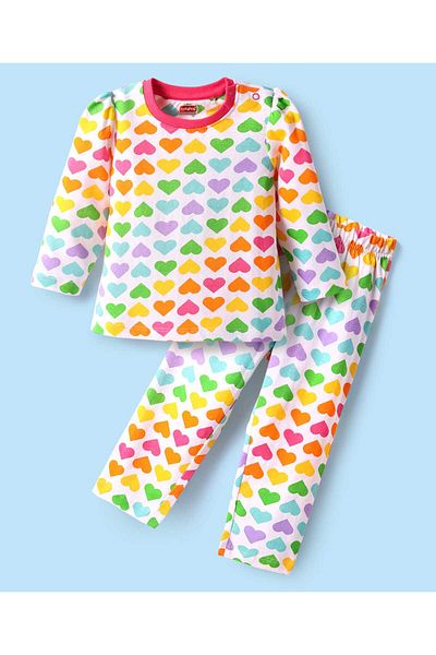 Babyhug Cotton Full Sleeves Night Suit with All Over Hearts Print - Multicolor