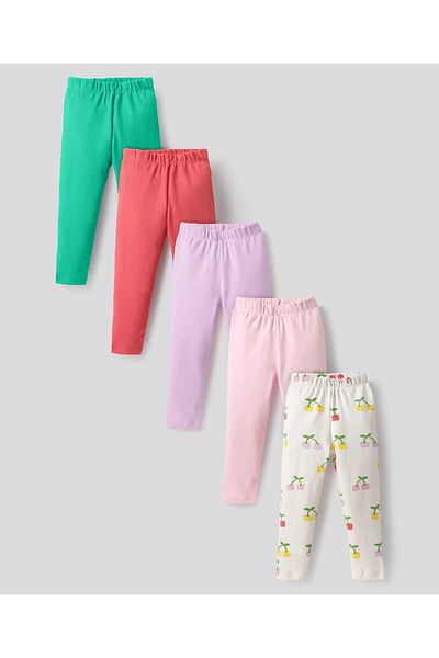 Bonfino 100% Cotton Printed Leggings (Pack of 5) - Pink, Lilac, Red, Green, Ivory