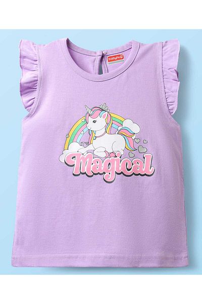 Babyhug Cotton Knit Frill Sleeves T-Shirt and Capri Set With Unicorn Print - Lavender & Dark Pink