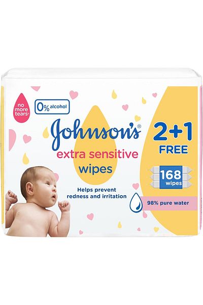 Johnson's Baby Wipes by for Very Sensitive Skin, 98% Pure Water, 56 Wipes, 3 Pack