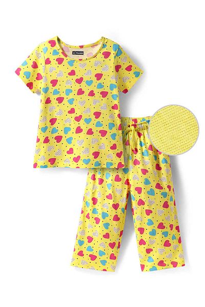 Pine kids Pine Kids Cotton Knit Half Sleeves Capri Night Suit with Heart Print - Hibiscus Yellow