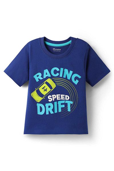Honeyhap Night Suit with Bio Finish & Racing Speed Drift Text Print - Navy & Scuba Blue