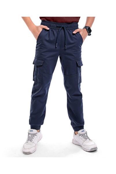 Pine kids بنطلون قطني منسوج بطول كامل مع جيب كارجو - أزرق داكن