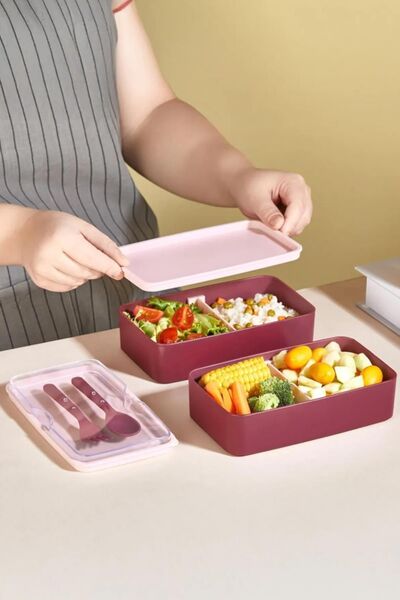 A&A Enjoy Burgundy 2-Tier Meal Storage Container Lunch Box Set Sportsman Diet Student School Lunch Box