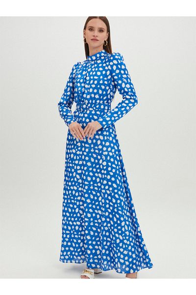 Zühre Women's Stand Collar Belt Detailed Patterned Long Blue Dress E-0342
