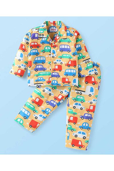 Babyhug Cotton Pajama Set with Vehicle Prints - Yellow