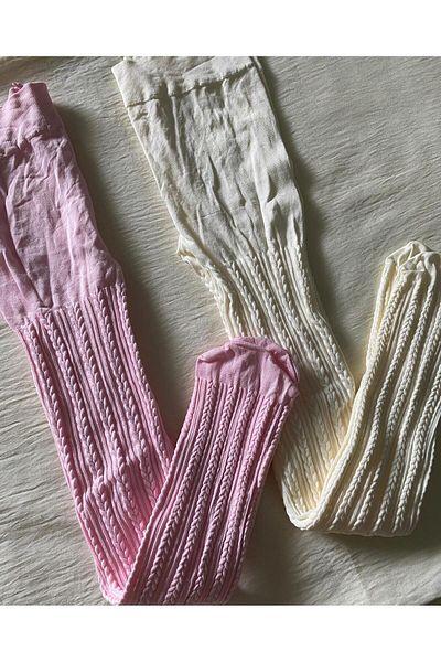 DÜVEN 2-Piece Girls Patterned Pantyhose (80 Den Medium Thick Seasonal Pantyhose) Pink & Vanilla